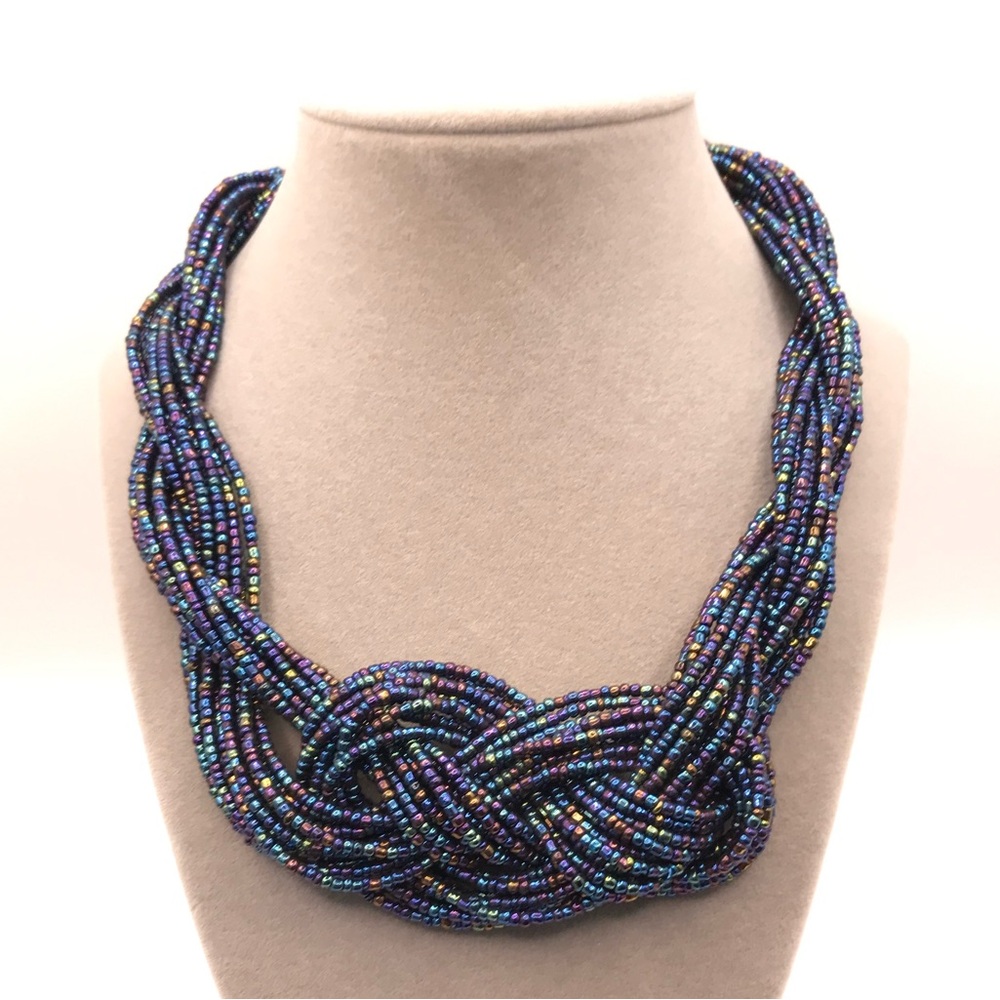 Multi-Strand Peacock Colored Seed Bead Braided Statement Necklace - Picture 3 of 7